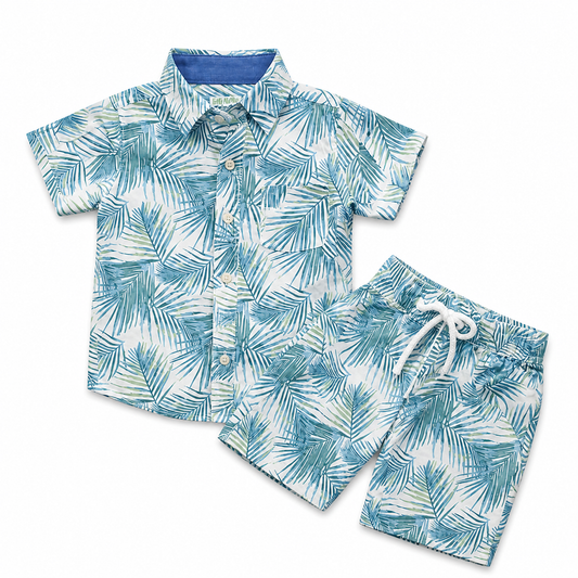 Kids Boys Tropical Palm Leaf Print Shirt & Pant Set