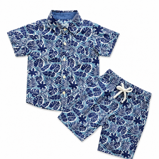 Kids Boys Tropical Leaf Print Shirt & Pant Set
