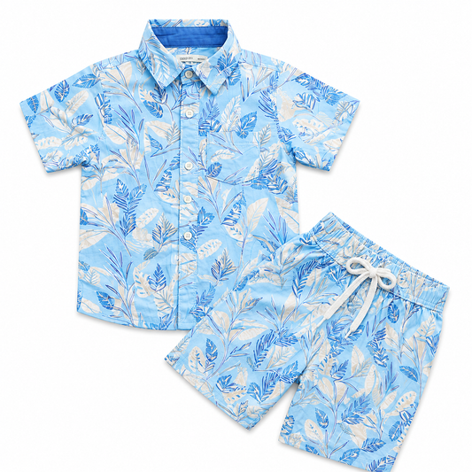 Kids Boys Leaf Print Shirt & Pant Set Sky Blue