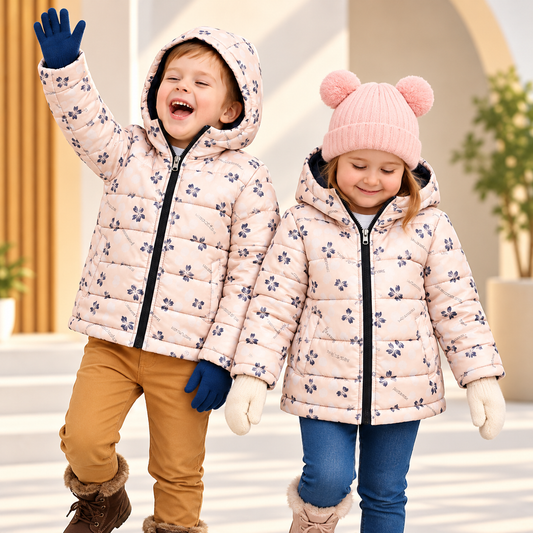 Kids Winter Padded Jacket – Peach Beige Printed Design