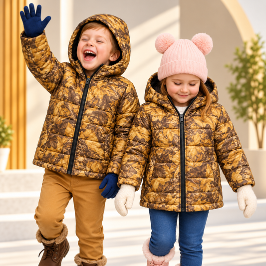 Kids Winter Padded Printed Jacket – Brown Pattern Color