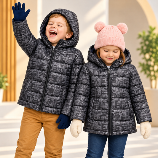 Kids Black Printed Winter Padded Hooded Jacket