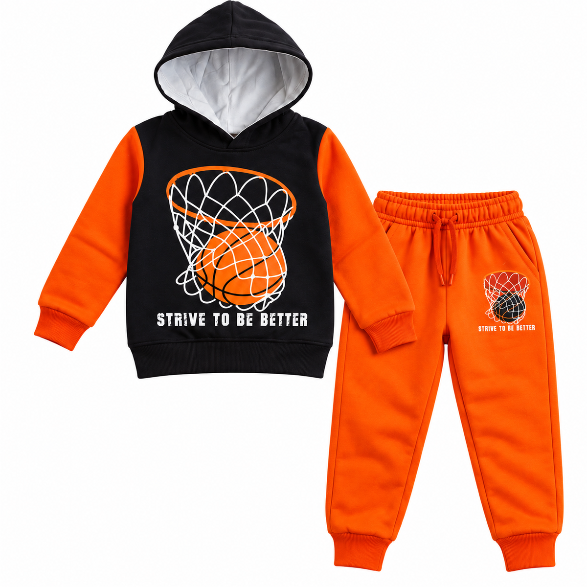 BOYS BASKETBALL HOOP and BALL Printed Winter Hoodie & Trouser Set Black & Orange