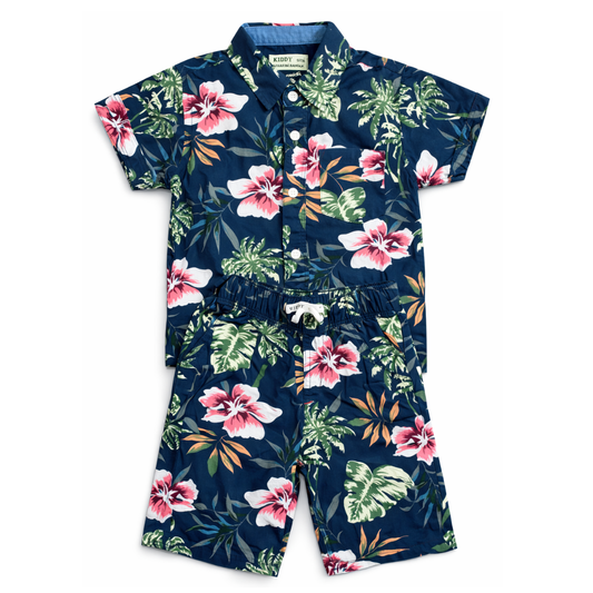 Boys Tropical Flower Print Shirt & Pant Set Dark Blue
