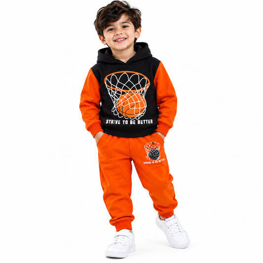 BOYS BASKETBALL HOOP and BALL Printed Winter Hoodie & Trouser Set Black & Orange