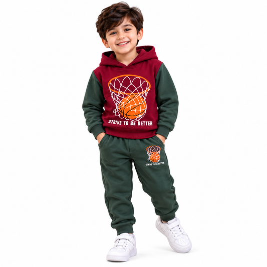 BOYS BASKETBALL HOOP and BALL Printed Winter Hoodie & Trouser Set Maroon & Green