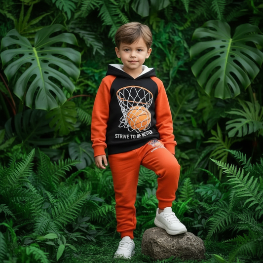BOYS BASKETBALL HOOP and BALL Printed Winter Hoodie & Trouser Set Black & Orange