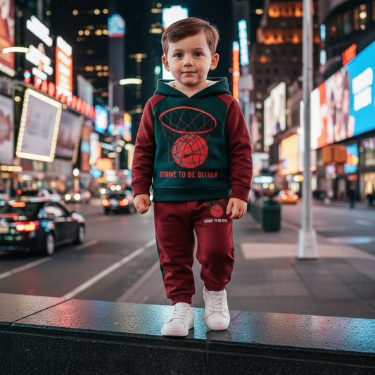 BOYS BASKETBALL HOOP and BALL Printed Winter Hoodie & Trouser Set Green & Maroon