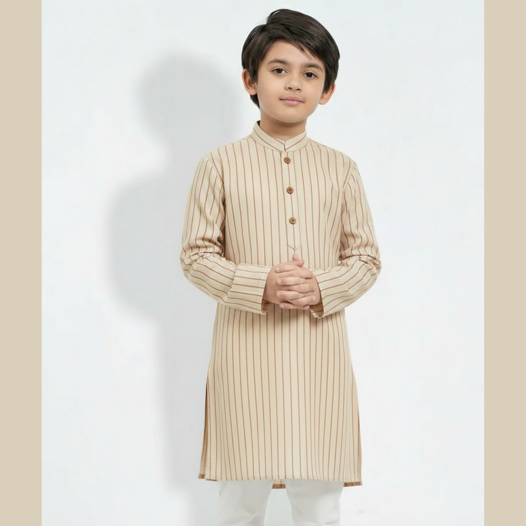 Regal Charm Striped Beige Cotton Panjabi for Boys