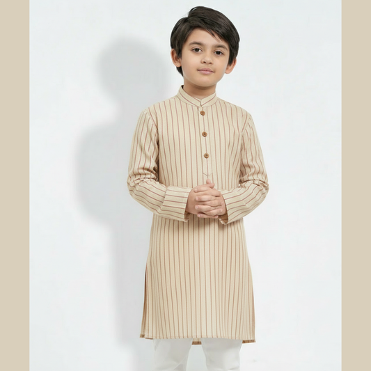 Regal Charm Striped Beige Cotton Panjabi for Boys