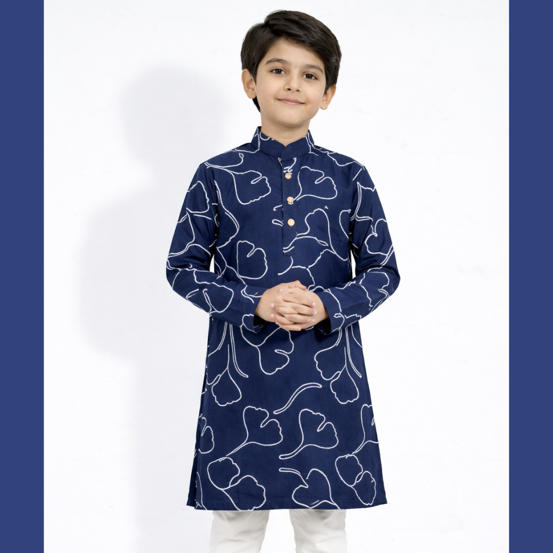 Signature Luxe Navy Printed Cotton Panjabi for Boys