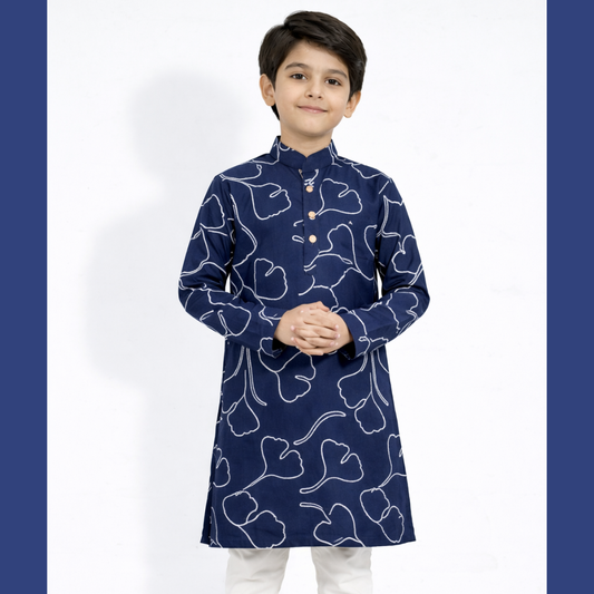 Signature Luxe Navy Printed Cotton Panjabi for Boys