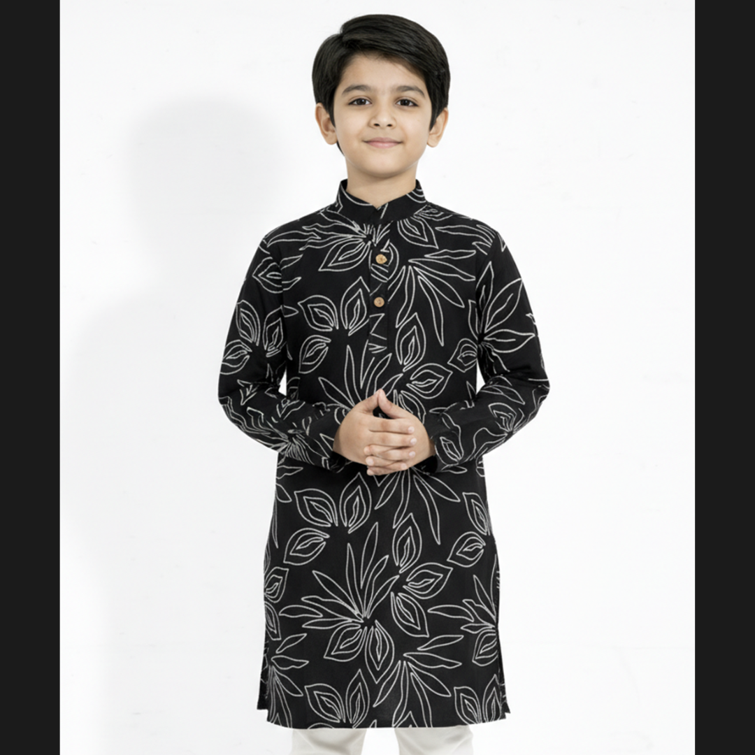 Grand Elegance Black Floral Cotton Panjabi for Boys