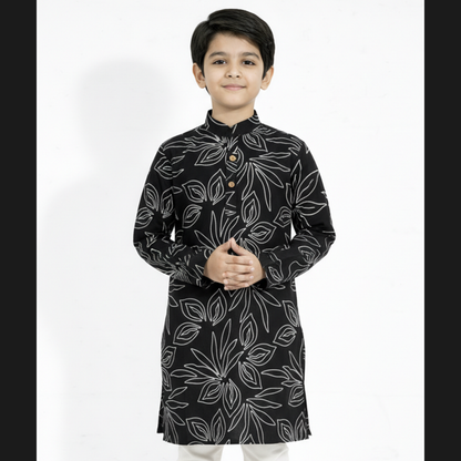 Grand Elegance Black Floral Cotton Panjabi for Boys
