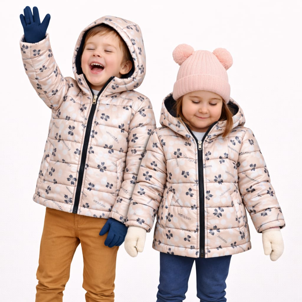 Kids Winter Padded Jacket – Peach Beige Printed Design