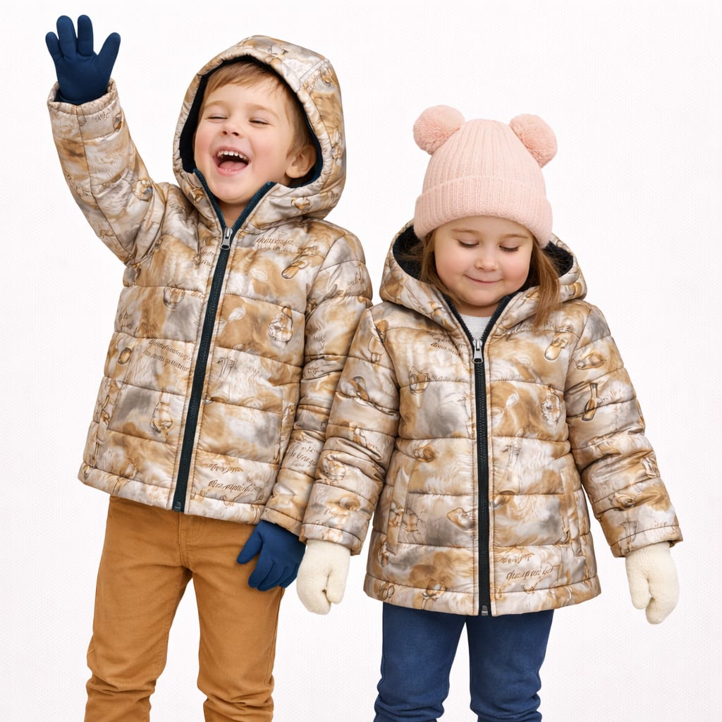 Kids Winter Padded Jacket with Printed Design – Beige Shade
