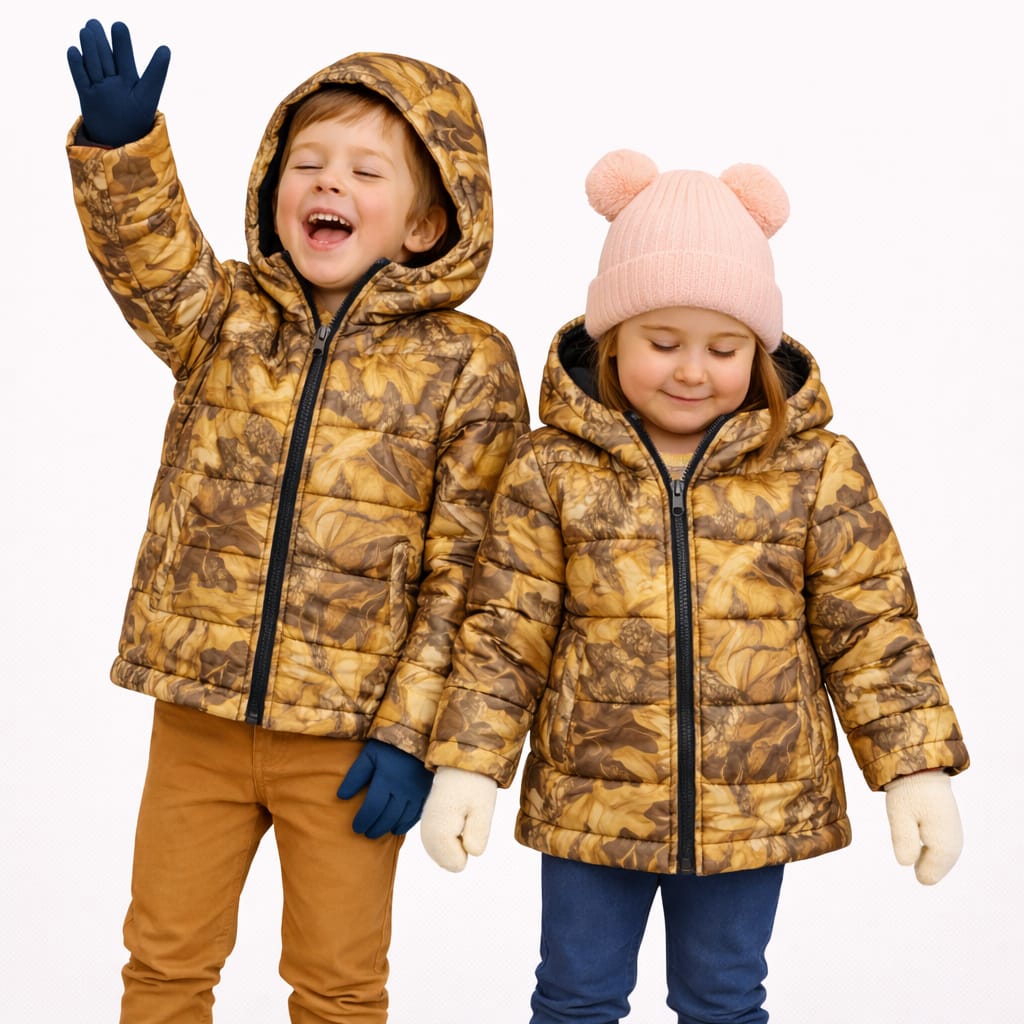 Kids Winter Padded Printed Jacket – Brown Pattern Color