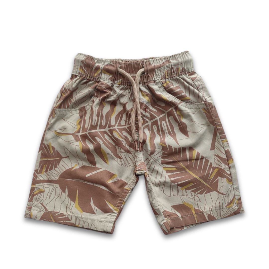 Boys All Over Palm Leaf Print Gabardine Half Pant – Cream & Brown