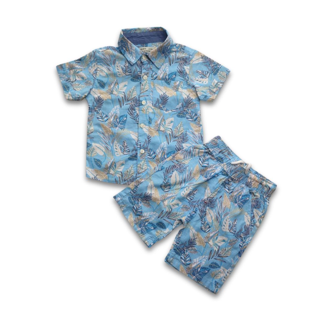 Kids Boys Leaf Print Shirt & Pant Set Sky Blue