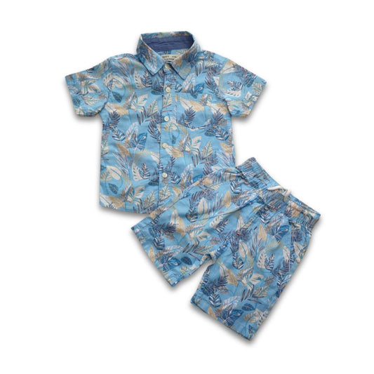 Kids Boys Leaf Print Shirt & Pant Set Sky Blue