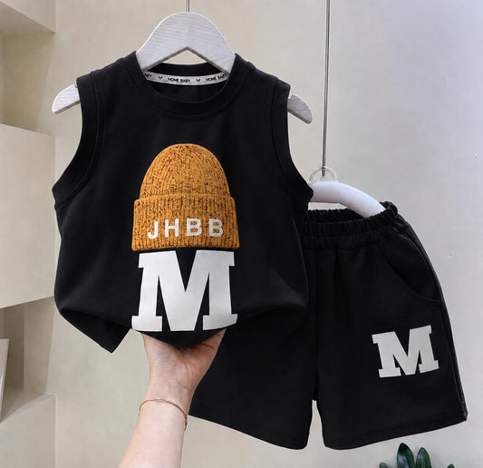 JHBB Printed Megi Sleeveless T-shirt & Shorts Set – Jet Black