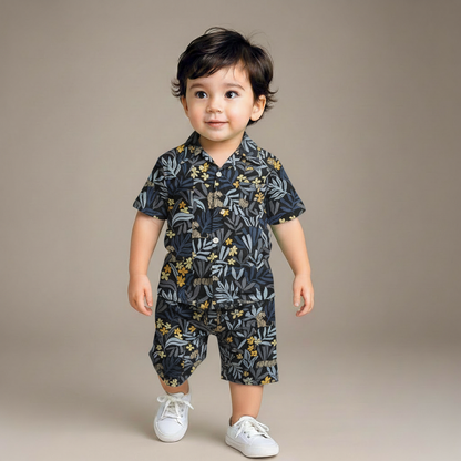 Boys All Over LEAVES & YELLOW FLOWERS Print Shirt & Pant Set Navy Blue & Multicolor