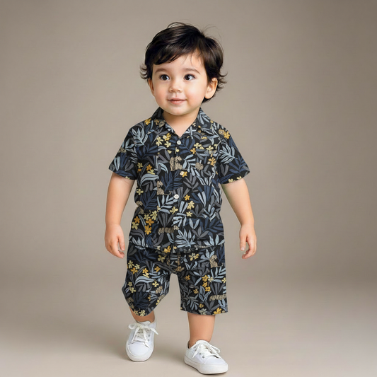 Boys All Over LEAVES & YELLOW FLOWERS Print Shirt & Pant Set Navy Blue & Multicolor