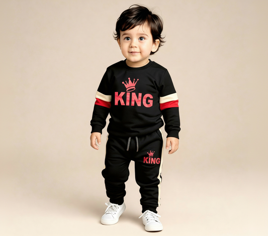 Boys Royal King Printed Warm Sweatshirt & Pant Set – Black