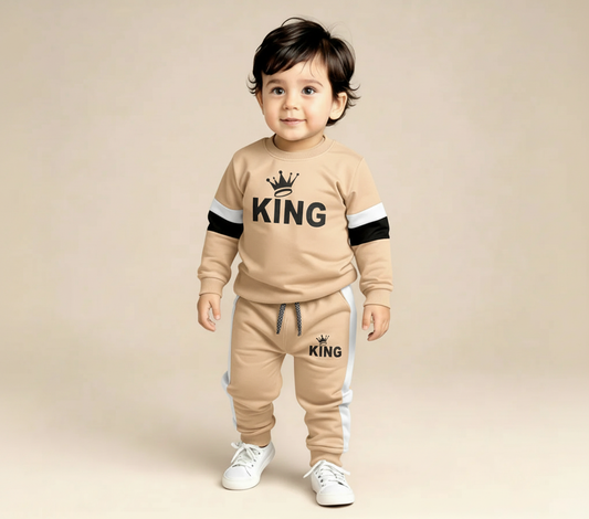 Boys Royal King Printed Warm Sweatshirt & Pant Set – Cream White