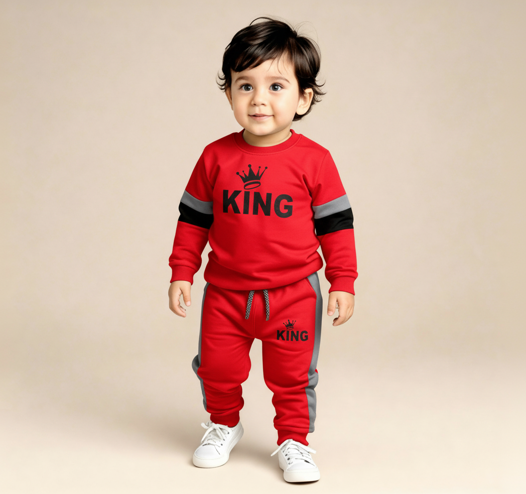 Boys Royal King Printed Warm Sweatshirt & Pant Set – Red
