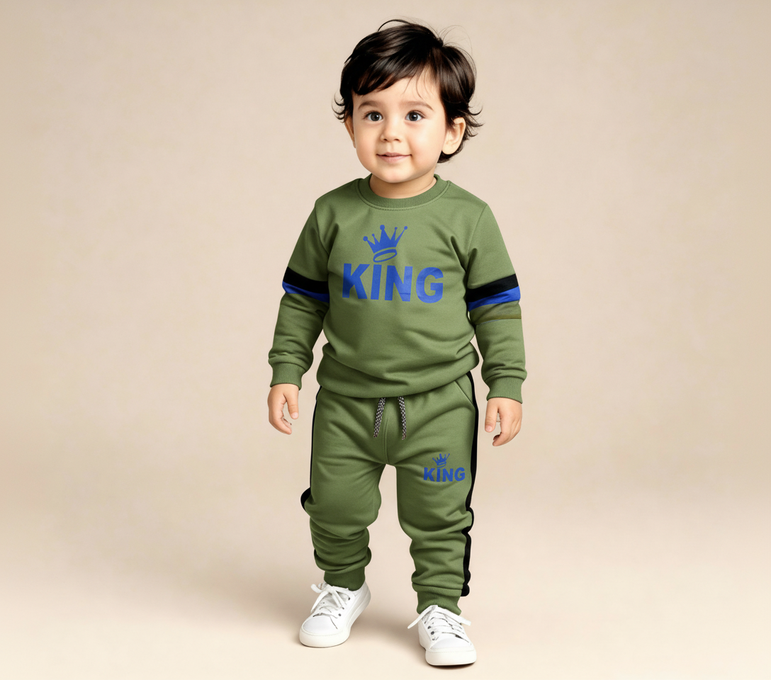 Boys Royal King Printed Warm Sweatshirt & Pant Set – Olive green