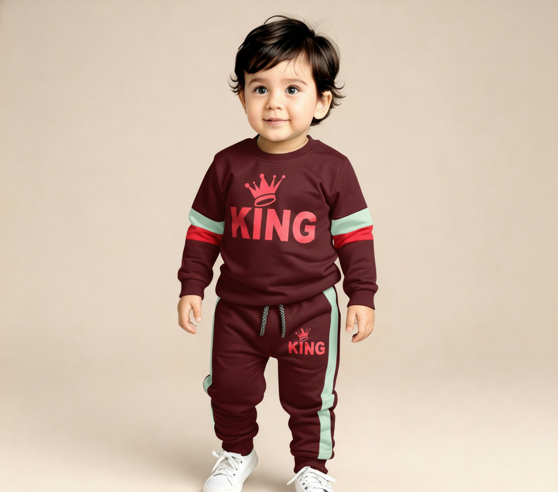 Boys Royal King Printed Warm Sweatshirt & Pant Set – Chocolate