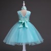 Children Clothing Neck Circle Cyan Wedding Wear for Kids Elegant Short Evening Dress with Crystals for Girls