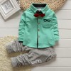 Full Sleeves Shirt with Striped Pants Set & Bow Tie Light Green for Boys