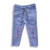 Girl's Floral Embroidery Drawstring Stretch Denim Full Pants Sky Blue