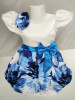 Girls Premium 3D Printed Party Dress White & Blue