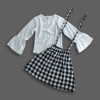 Girls Three Quarter White Top & Check Skirt with Lace