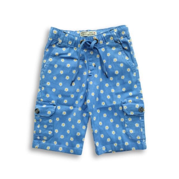 Boys Drawstring Stretch Cargo Three Quarter Pant Floral Printed Sky Blue