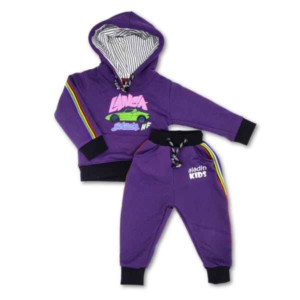 Cute Car Stylish Hoodie Set Tops & Trousers for Kids Purple