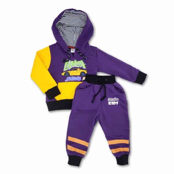 Car Stylish Hoodie Set for Kids Yellow & Purple Contrast