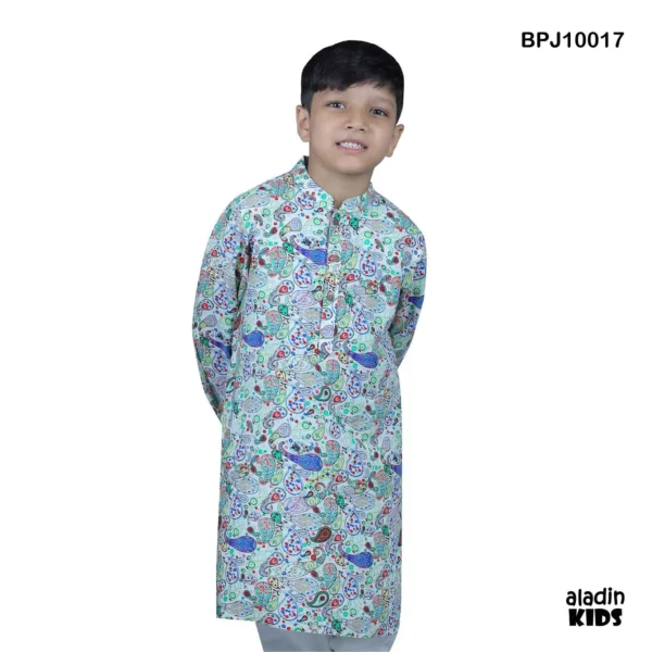 Slim Fit Boys Panjabi Linen All over Print Light Green