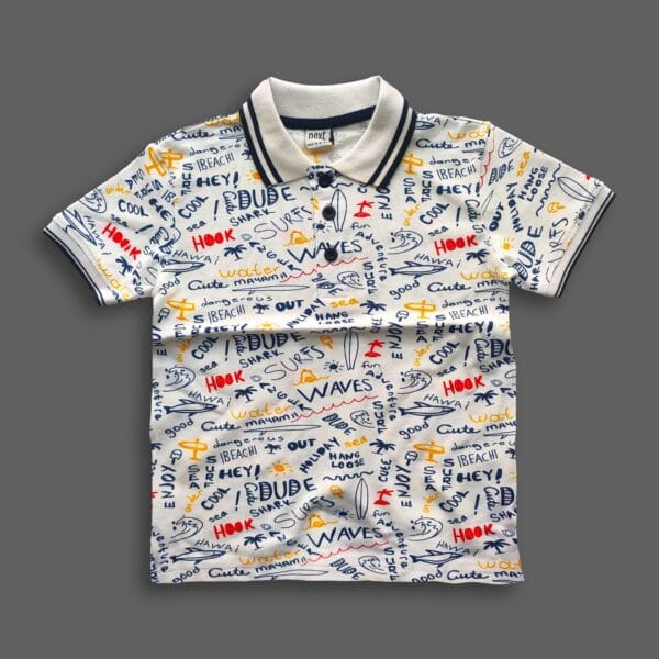 Boys Stylish All Over Printed Polo Shirt White