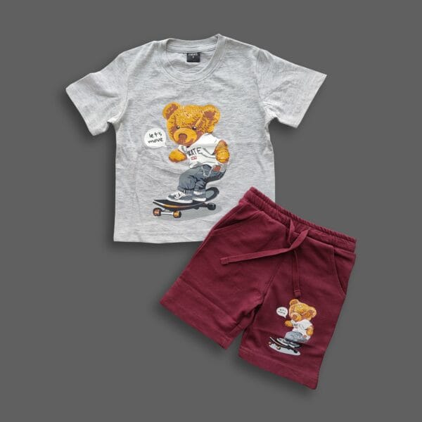 Boys Skating Panda Printed T-shirt & Pant Set Ash