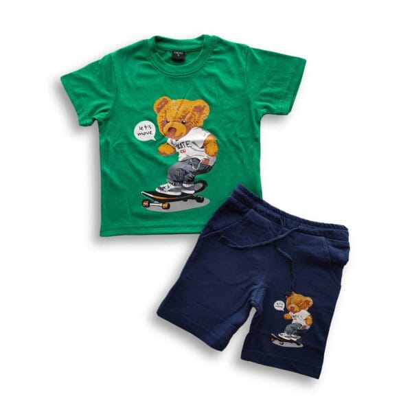 Boys Skating Panda Printed T-shirt & Pant Set Green