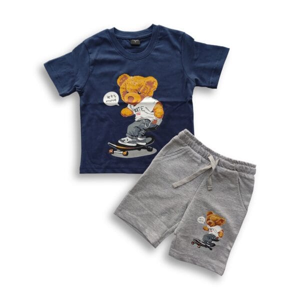 Boys Skating Panda Printed T-shirt & Pant Set Blue