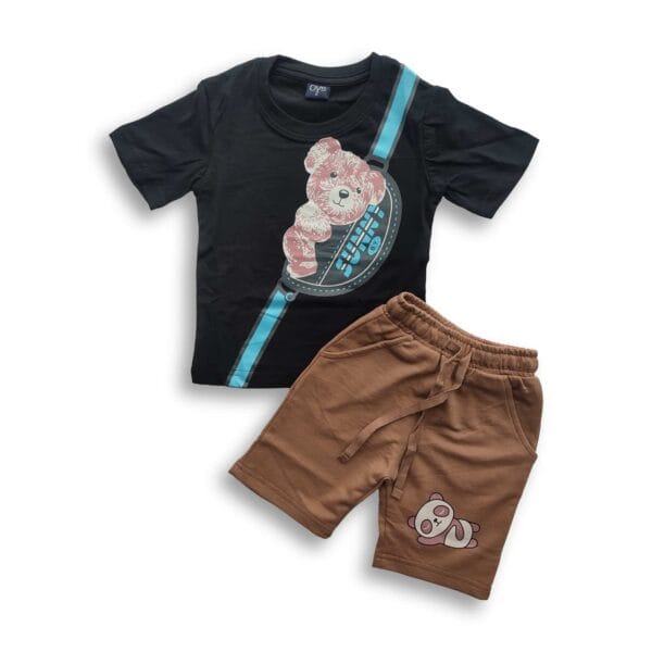 Boys Cute Panda Printed T-shirt & Pant Set Black