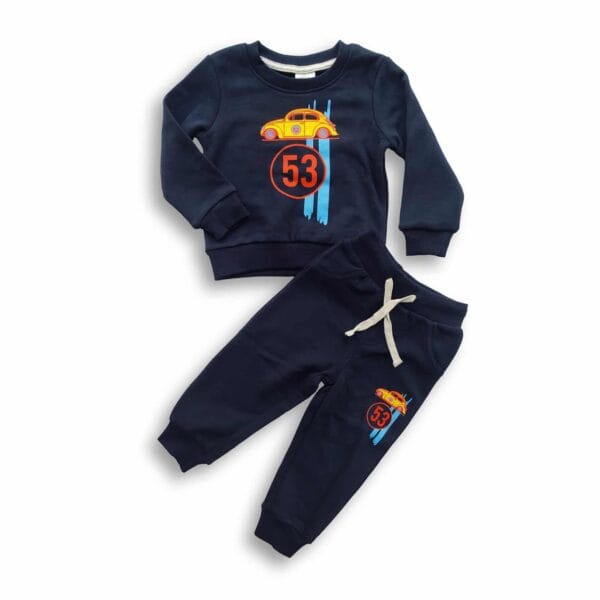 Boys Car Printed Winter Sweatshirt & Trouser Set Dark Blue