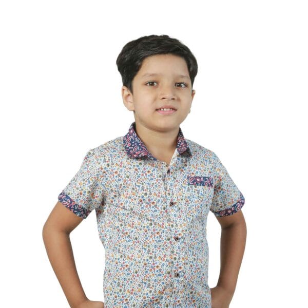 Flower All Over Print Boys' Short Sleeve Shirt Contrast Collar