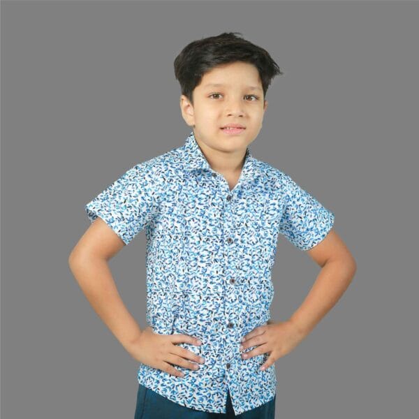 Blue Leaf All Over Print Boys' Short Sleeve Shirt