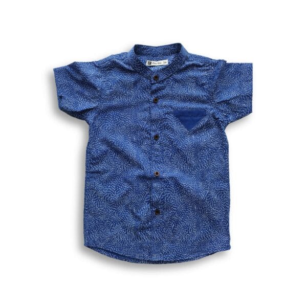 Navy Blue All Over Print Short Sleeve Boys' Shirt Band Collar